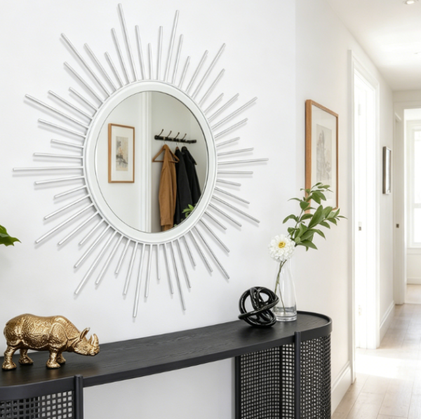 Sunburst Metal Wall Mirror with White Iron Frame, 30 x 30 cm, for Living Room, Bedroom, Entryway